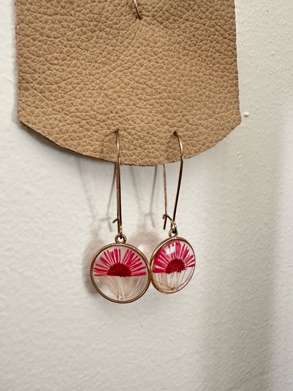 Gold-Tone Dangle Earrings with Pink Pressed Flower